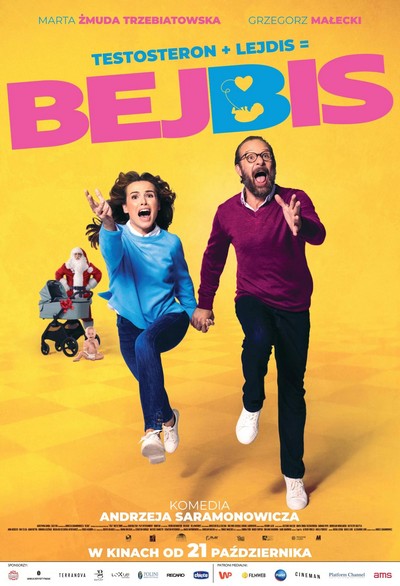 Krzysztof Gosztyła, Marta Żmuda Trzebiatowska i Grzegorz Małecki na plakacie promującym kinową emisję filmu „Bejbis”, foto: Monolith Films