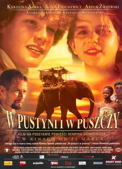 Adam Fidusiewicz, Karolina Sawka, Artur Żmijewski, Lingile Shongwe i Mzwandile Ngubeni na plakacie promującym kinową emisję filmu „W pustyni i w puszczy” (wersja z 2001 roku), foto: Cyfrowy Polsat/Vision Film Distribution
