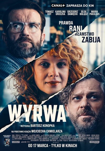 Tomasz Kot, Karolina Gruszka i Grzegorz Damięcki na plakacie promującym kinową emisję filmu „Wyrwa”, foto: Kino Świat