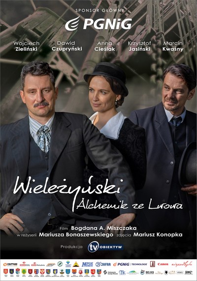 Wojciech Zieliński, Anna Cieślak i Marcin Kwaśny na plakacie promującym kinową emisję filmu „Wieleżyński. Alchemik ze Lwowa”, foto: Telewizja Obiektyw