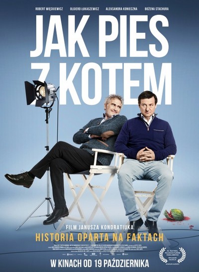 Olgierd Łukaszewicz i Robert Więckiewicz na plakacie promującym kinową emisję filmu „Jak pies z kotem”, foto: Akson Dystrybucja