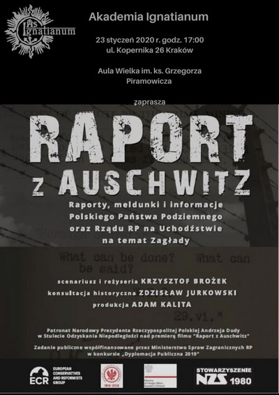 Plakat promujący kinową emisję filmu „Raport z Auschwitz” (film dokumentalny), foto: Akademia Ignatianum/Stowarzyszenie NZS 1980