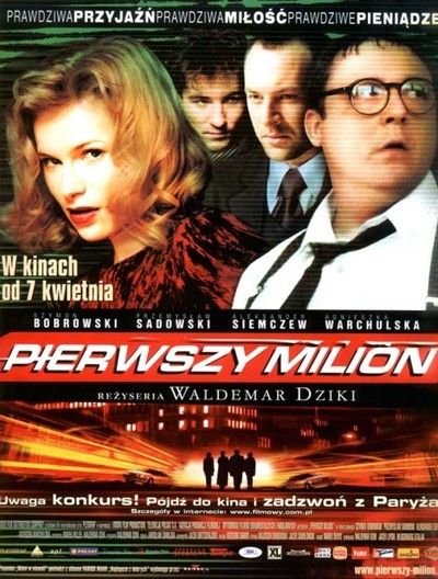 Agnieszka Warchulska, Przemysław Sadowski, Szymon Bobrowski i Aleksander Siemczew na plakacie promującym kinową emisję filmu „Pierwszy milion”, foto: Vision Film Distribution
