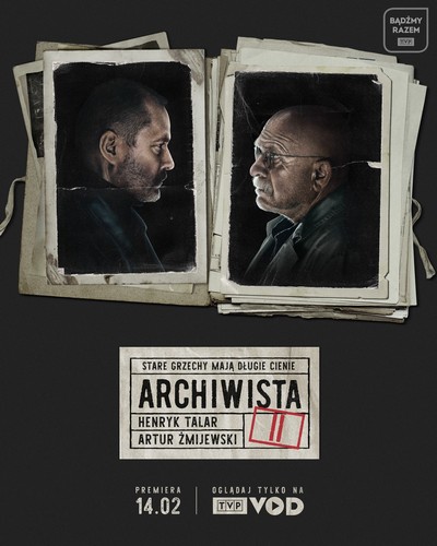 Artur Żmijewski i Henryk Talar na plakacie promującym emisję serialu „Archiwista”, foto: TVP
