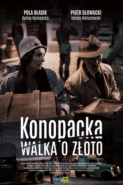 Pola Błasik i Piotr Głowacki oraz samochód Opel 1.3 Liter na plakacie promującym emisję filmu „Konopacka. Walka o złoto”, foto: Studio Besta/TVP