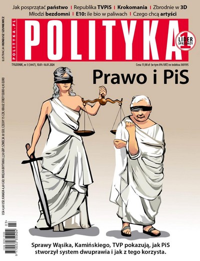 Temida i Jarosław Kaczyński na okładce tygodnika „Polityka” - numer 3/2024, foto: Polityka