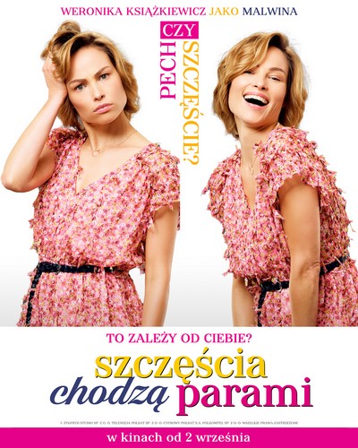 Weronika Książkiewicz na plakacie promującym kinową emisję filmu „Szczęścia chodzą parami”, foto: Dystrybucja Mówi Serwis