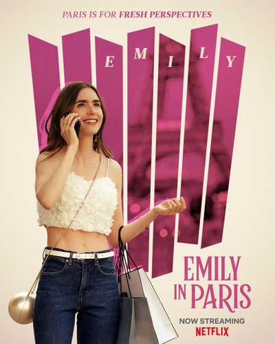Lily Collins na plakacie promującym emisję serialu „Emily w Paryżu”, foto: Netflix