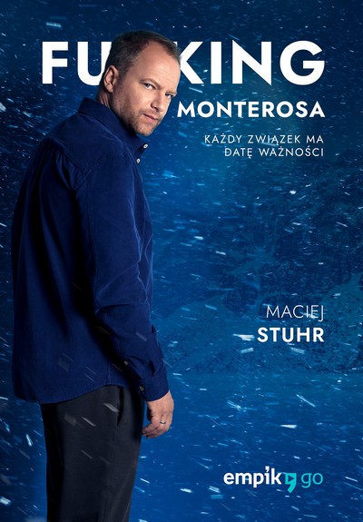 Maciej Stuhr na plakacie promującym emisję serialu audio „Fucking Monterosa” („Fucking Bornholm”), foto: Grupa Empik