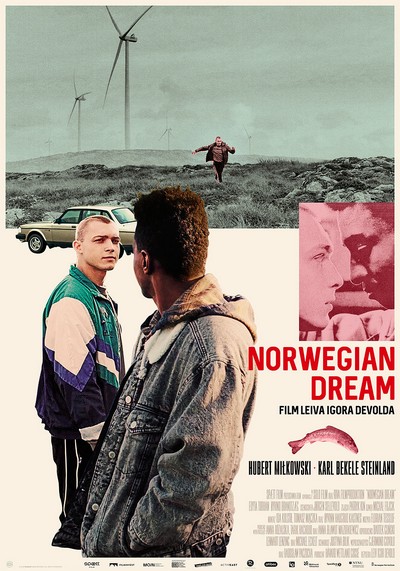 Hubert Miłkowski i Karl Bekele Steinland oraz samochód Volvo na plakacie promującym kinową emisję filmu „Norwegian Dream”, foto: Sonovision