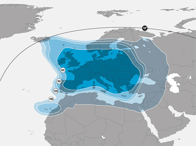 Astra 3B – mapa zasięgu – wiązka Europe Wide, pasmo Ku