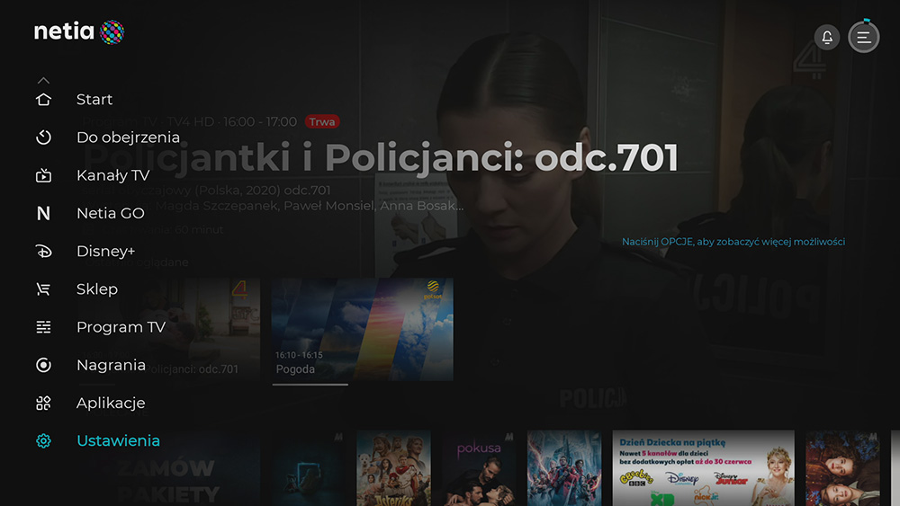 Netia Soundbox 4K - menu główne z podświetlonym elementem Ustawienia