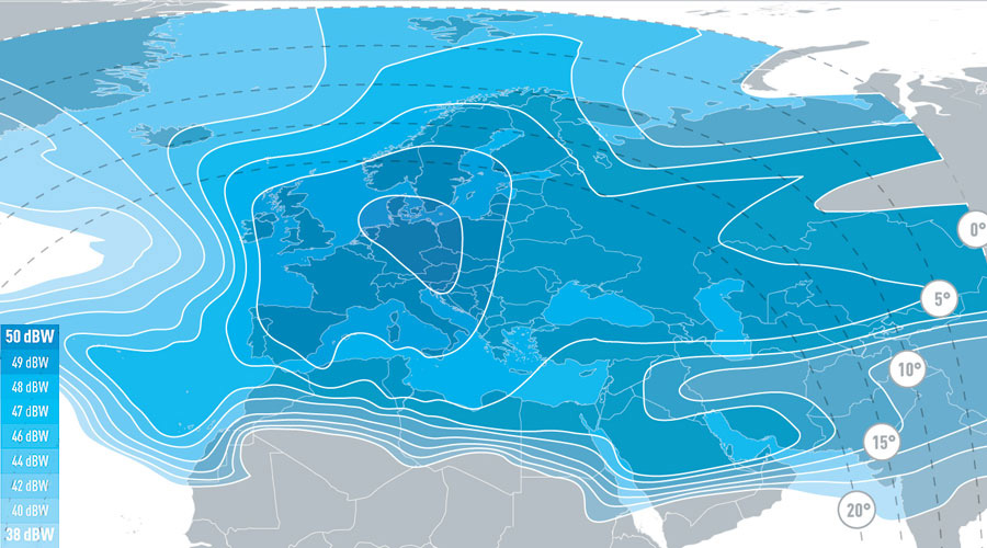 Eutelsat 7B - mapa zasięgu: pasmo Ku, wiązka Europe A