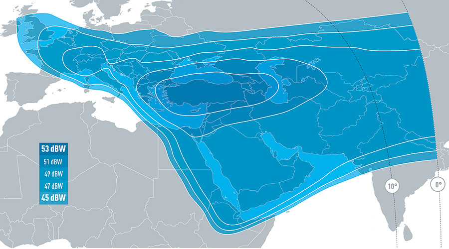 Eutelsat 7C - mapa zasięgu: pasmo Ku, wiązka East