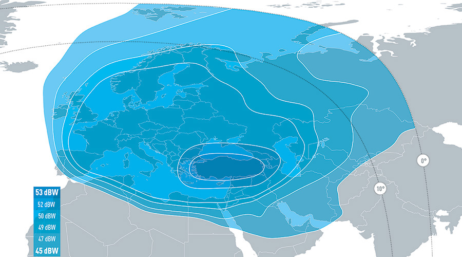 Eutelsat 7C - mapa zasięgu: pasmo Ku, wiązka West