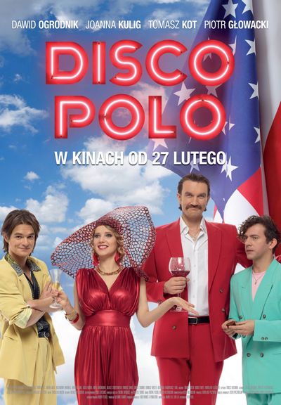 Dawid Ogrodnik, Joanna Kulig, Tomasz Kot i Piotr Głowacki na plakacie promującym kinową emisję filmu „Disco polo”, foto: Agora