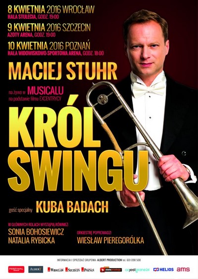 Maciej Stuhr na plakacie promującym spektakl „Król swingu”, foto: Agora