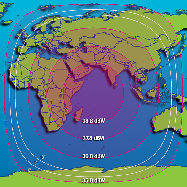 Przewidywana mapka pokrycia sygnałem transponderów pasma Ka satelity Intelsat 33 - 60°E