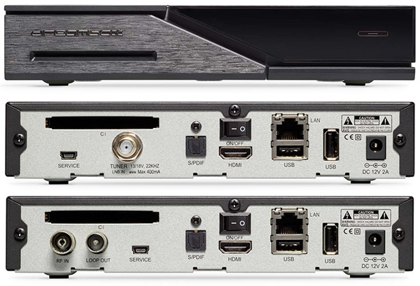 Dreambox DM525: panel przedni i tylny dla wersji satelitarnej i naziemno-kablowej