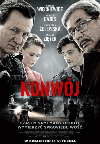 Robert Więckiewicz, Agnieszka Żulewska, Tomasz Ziętek i Janusz Gajos na plakacie promującym kinową emisję filmu „Konwój”, foto: Kino Świat