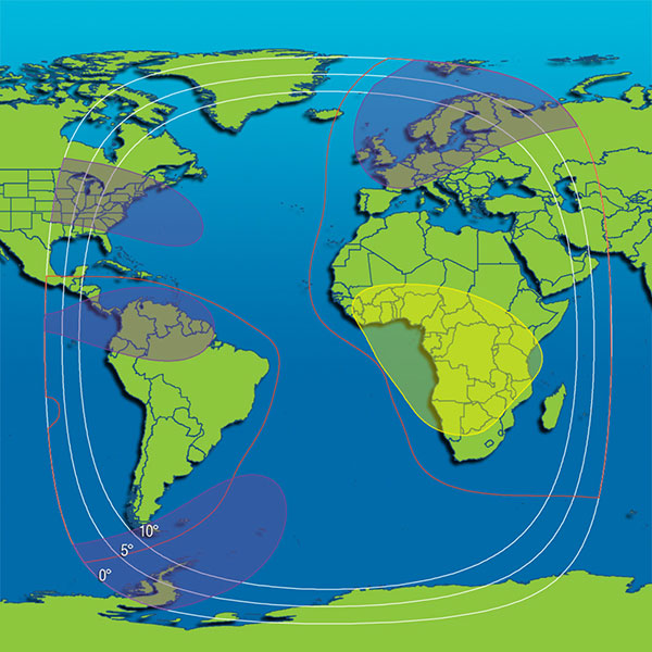 Mapka pokrycia sygnałem wiązek tp. pasma C satelity Intelsat 37e