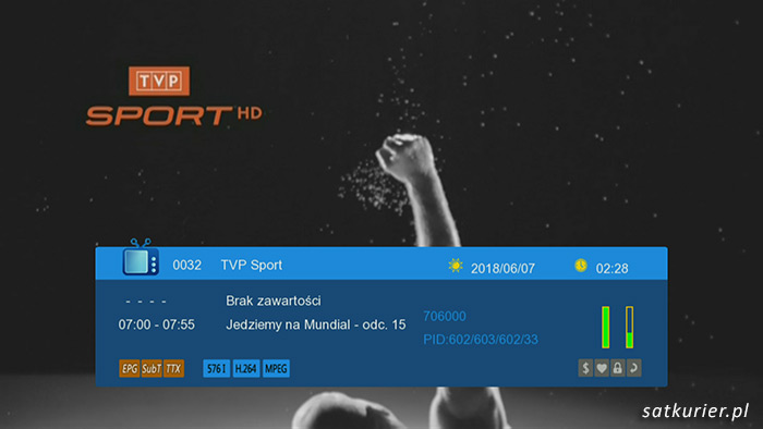 Odbiór TVP Sport z naziemnej TV cyfrowej. Wbrew logotypowi na promo przekaz jest realizowany w SD, nie w HD