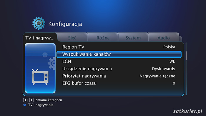 Wygląd menu TV i nagrywanie w odbiorniku Evolve Blade DualCorder HD