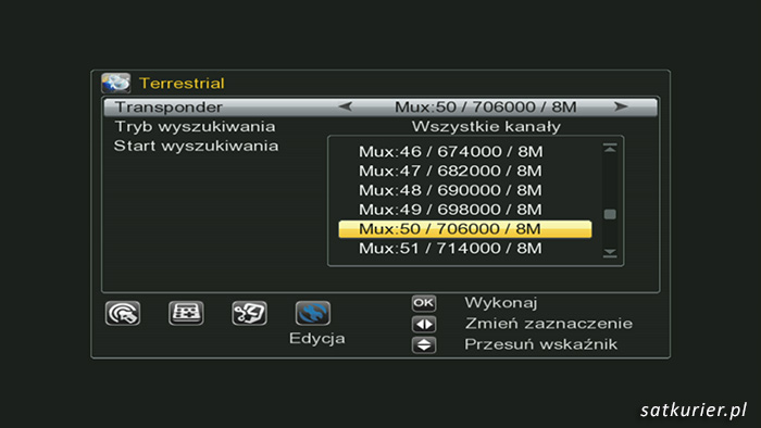Ręczne skanowanie w menu odbiornika Dreamsky NXP 256 HD Combo