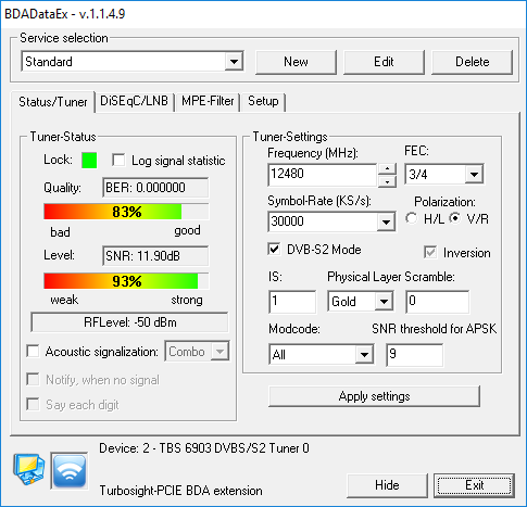 Okno aplikacji BDADataEx, poprawnie skonfigurowana dla emisji 28,2°E zakładka Status/Tuner