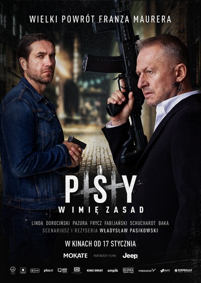 Marcin Dorociński i Bogusław Linda na plakacie promującym kinową emisję filmu „Psy 3. W imię zasad”, foto: Kino Świat