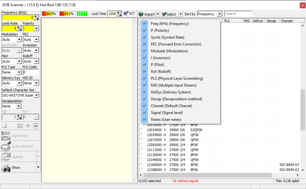 Okno skanowania w AltDVB v2.4, widać tu menu pozwalające na ukrywanie kolumn oraz wybór kodowania znaków dla transponderów