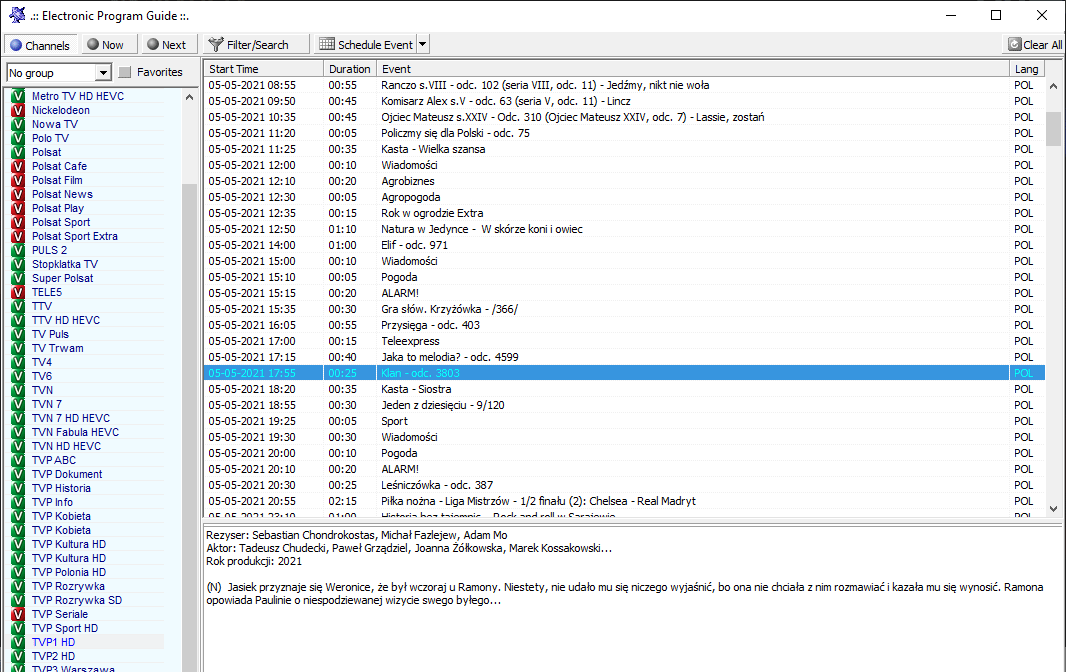 Okno EPG w AltDVB v2.4, widać obsługę tzw. itemów w EPG