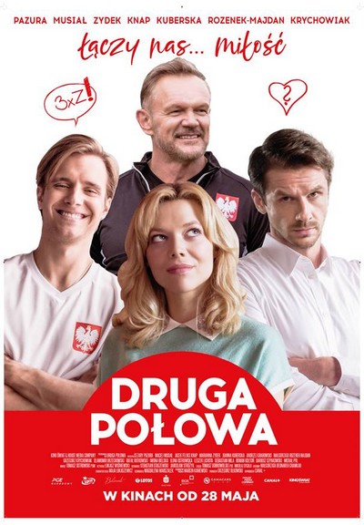 Maciej Musiał, Cezary Pazura, Marianna Zydek i Jacek Knap na plakacie promującym kinową emisję filmu „Druga połowa”, foto: Kino Świat
