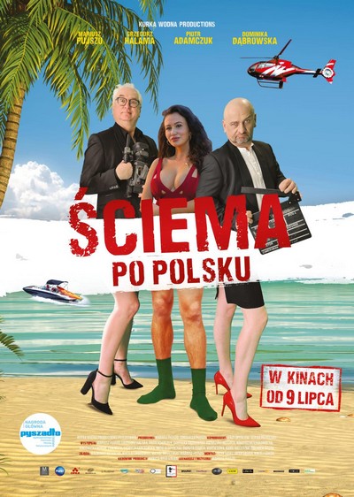 Mariusz Pujszo, Dominika Dąbrowska i Grzegorz Halama na plakacie promującym kinową emisję filmu „Ściema po polsku”, foto: Sonovision