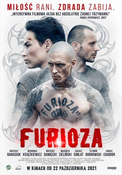 Weronika Książkiewicz, Mateusz Damięcki i Mateusz Banasiuk na plakacie promującym kinową emisję filmu „Furioza”, foto: Kino Świat