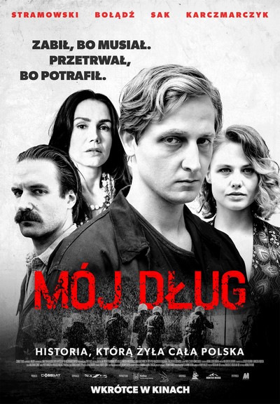 Piotr Stramowski, Olga Bołądź, Bartosz Sak i Anna Karczmarczyk na plakacie promującym kinową emisję filmu „Mój dług”, foto: Monolith Films