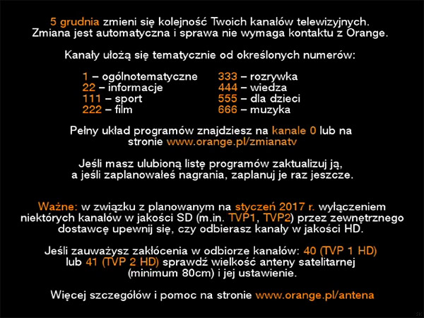 Plansza informacyjna Orange, w ramach której pojawia się informacja o zmianach planowanych na styczeń 2017